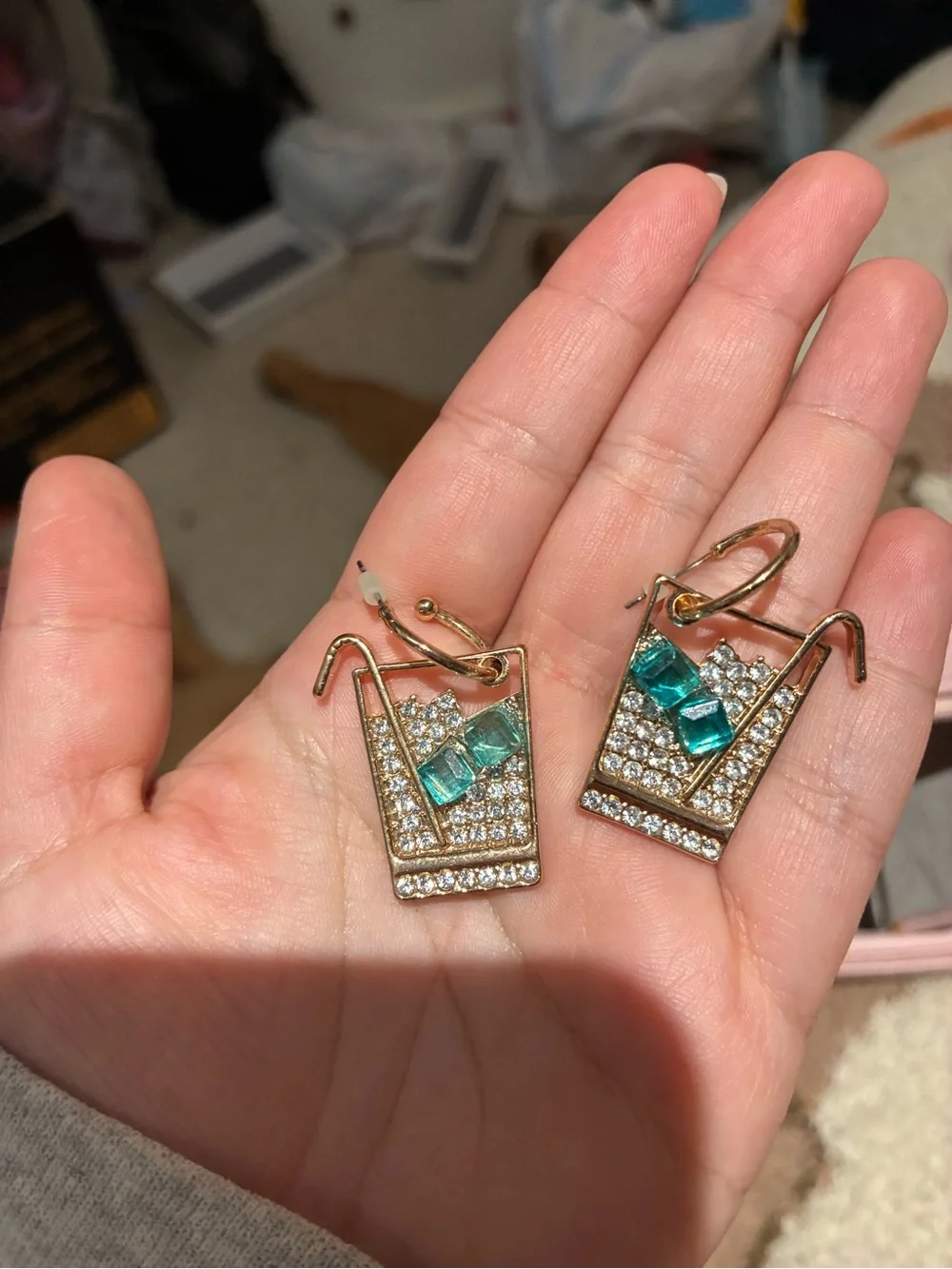 BaubleBar Cocktail Glass Rhinestone Drop Earrings Teal Gold Statement
